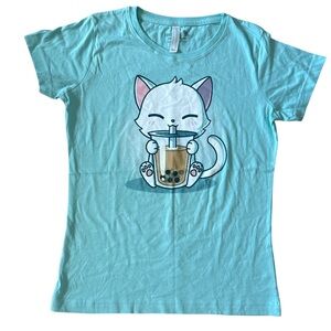 Teeturtle Blue Boba Cat Graphic T-Shirt Women’s Size Small